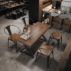 Bàn ăn gỗ hình chữ nhật rắn với phong cách công nghiệp Retro Bar BBQ cafe nhà ghế đặt sắt nghệ thuật nhà hàng đồ nội thất - Product Image 5