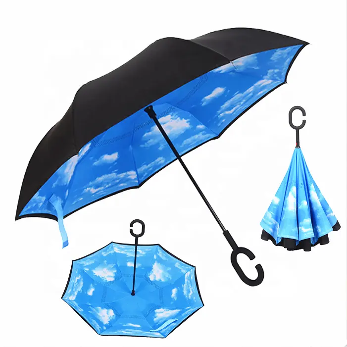 Уникальная продукция Шэньчжэнь высокого качества, автомобильный ветрозащитный двухслойный дождевой солнцезащитный C-образная ручка, перевернутый автоматический зонт для продажи