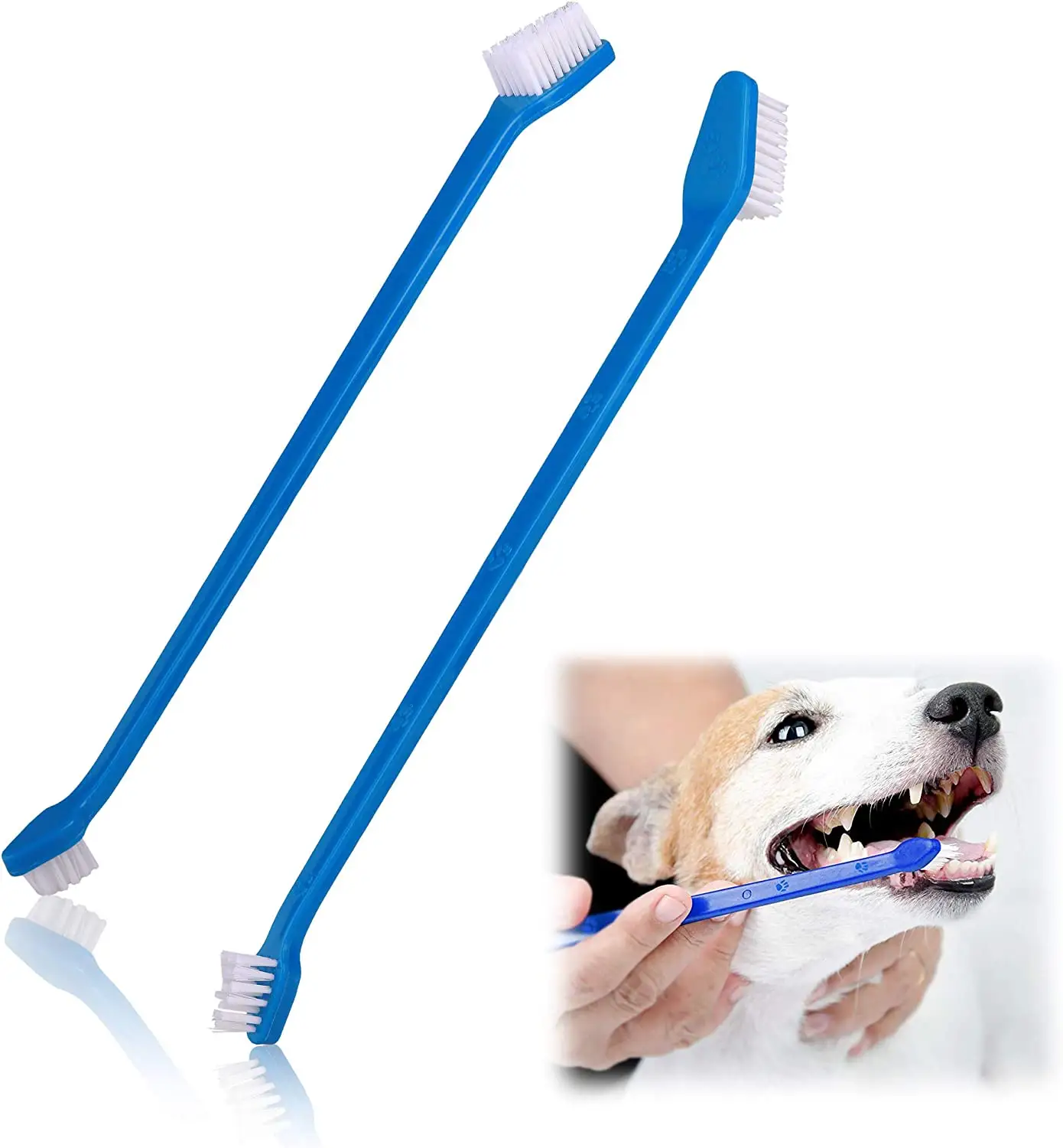 पालतू चिकित्सकीय देखभाल प्लास्टिक कुत्ते दांत ब्रश छड़ी के साथ डबल-सिर और लंबी संभाल टूथब्रश