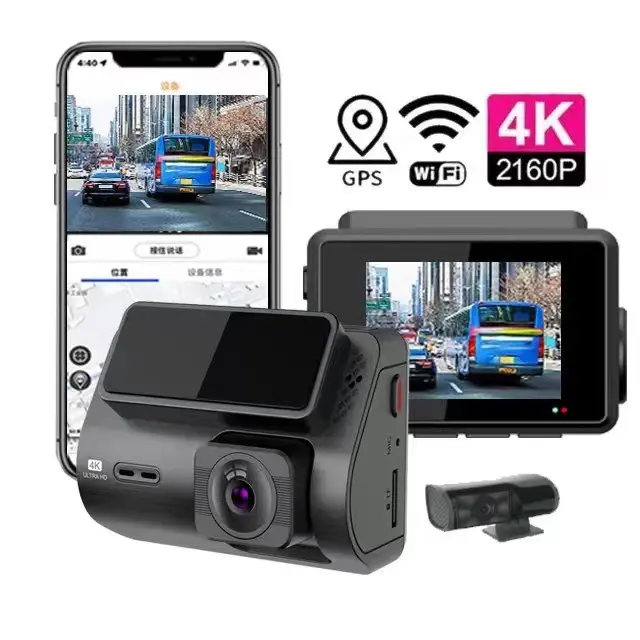 Minicâmera automotiva 4k 4k, 2 polegadas, câmera frontal e traseira inteligente, 4k, wi-fi, gps, lente dupla, dvr, 4k, com gps, wi-fi, duas câmeras