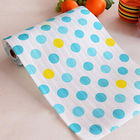 White background with blue polka dots
