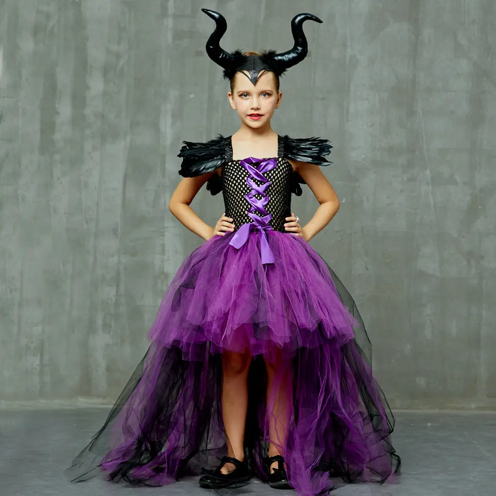 Disfraces de Halloween para niñas niños vestido de tutú de bruja Alto y Bajo con alas de cuernos niños Cosplay trajes de tul vestido de baile