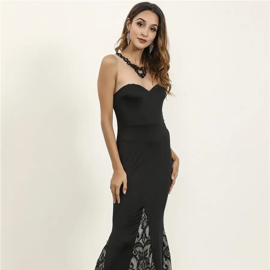 여성 도매 사용자 정의 뜨거운 섹시한 럭셔리 웨딩 드레스 민소매 블랙 맥시 2021 댄스 파티 드레스