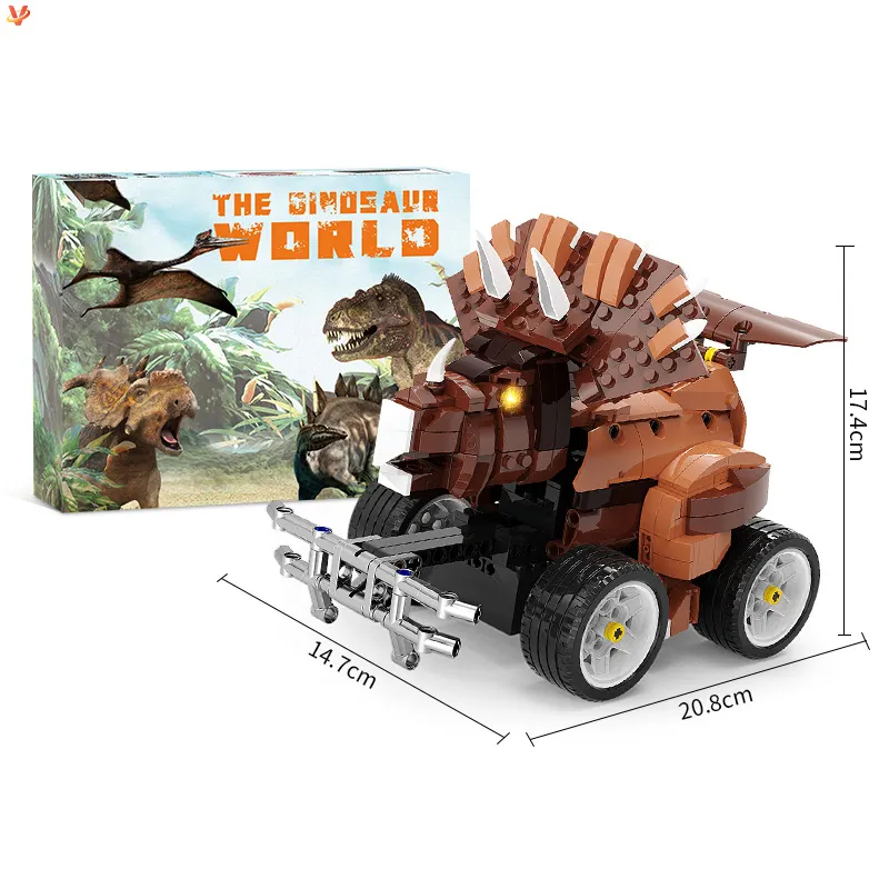 ของเล่นเพื่อการศึกษาสําหรับเด็กการเรียนรู้ STEM สร้างบล็อกของเล่น RC รถไดโนเสาร์ Triceratops ของเล่นโปรแกรมรถชุดพร้อมแสง