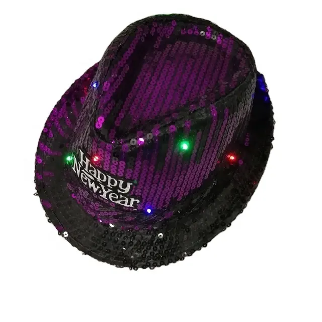 ขายส่ง2021ผู้หญิงเทศกาลปีใหม่พรรคแฟชั่น Led กระพริบ Lightup เลื่อมหมวก Fedora