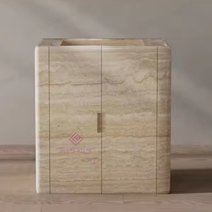 Meuble-lavabo autoportant en pierre de travertin pour salle de bain, design d'angle incurvé pour maison moderne, décoration de maison de luxe - Product Image 1