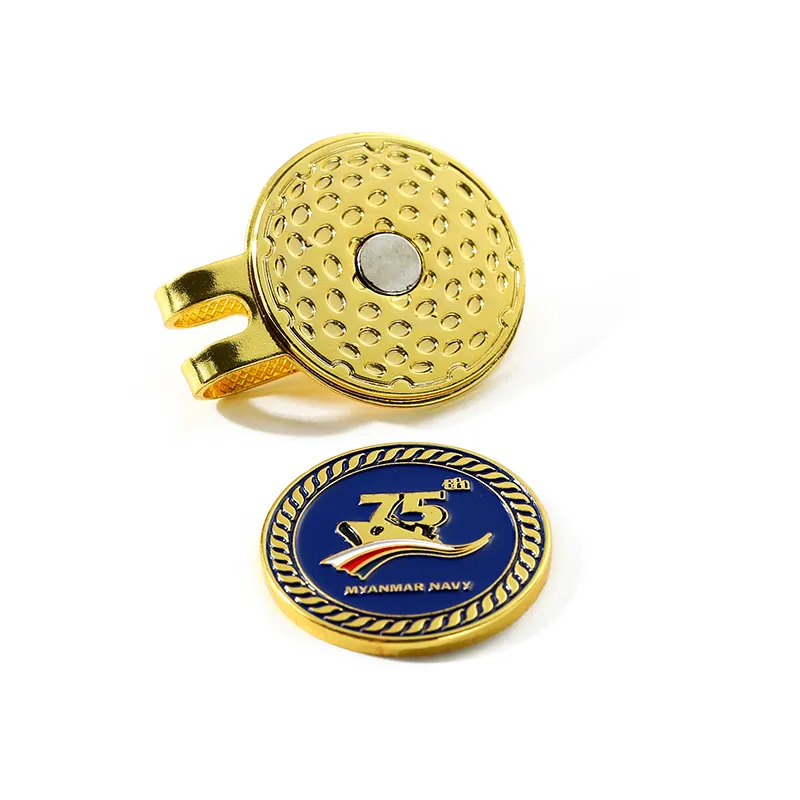 2024 novo design de moda marcador de metal personalizado para golfe, logotipo dourado esmaltado, clipe de chapéu, marcador de bola de golfe