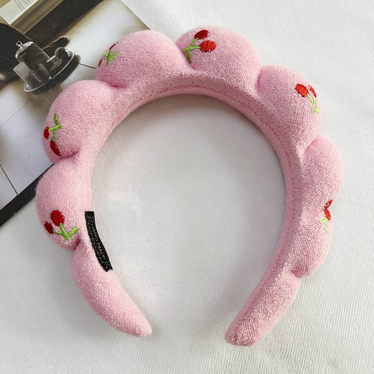 Cerceau à cheveux cerise brodé rose B
