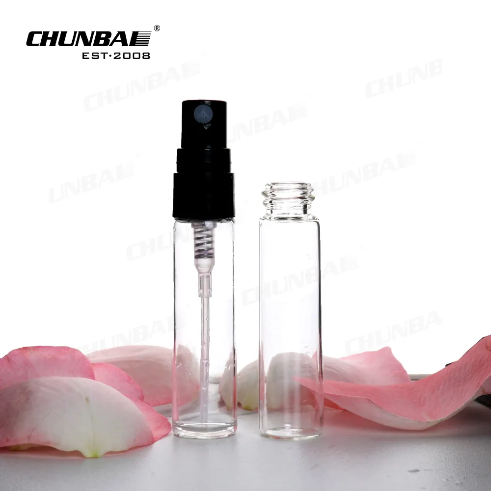 Personalizado claro 1mL 2 ml 3 ml 5 ml 10 ml muestra de aceite de fragancia botella de perfume embalaje botella de perfume de vidrio plateado vial con tarjeta
