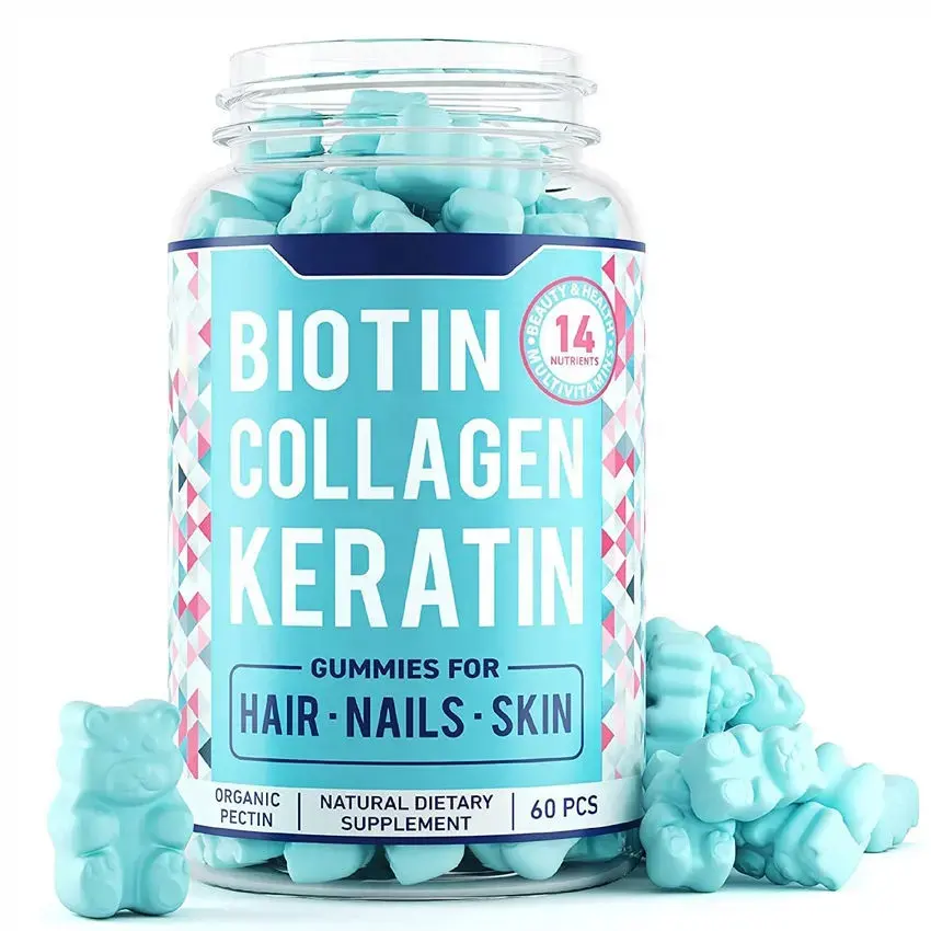 Pronto para enviar Biocaro Halal Vegan Biotina Gomas Suplementos de colágeno Vitaminas gomosas para cabelo pele e unhas