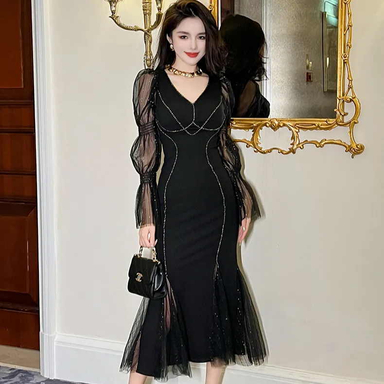 ZYHT 20679 Sexy Low Cut V Neck Spliced Mesh Puff Sleeves Fishtail Dress Black Gown Evening Party Midi Dresses