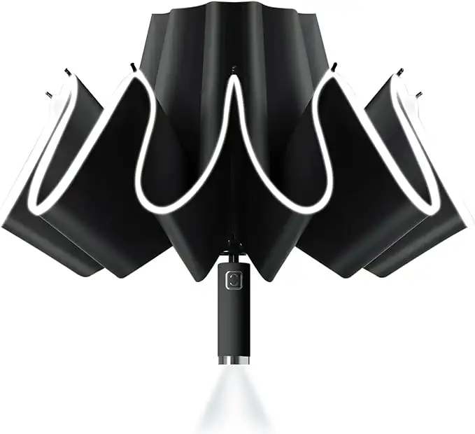 Nuevo diseño paraguas de viaje a prueba de viento resistente al viento pequeña luz automática fuerte eje de acero plegable portátil