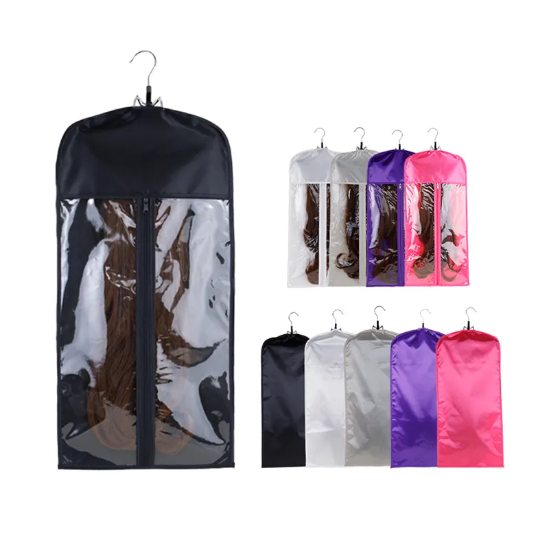 Индивидуальный печатный логотип, персонализированный атласный Шелковый пластиковый прозрачный пакет для упаковки париков, сумка для хранения волос с вешалкой на молнии для париков