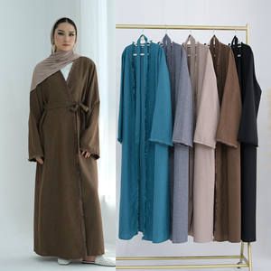 2025 toptan lüks keten pamuk abaya Kimono kadınlar için yaz sezonu türk tarzı <span class=keywords><strong>Dubai</strong></span> gelen Eid al Fitr için püsküller ile