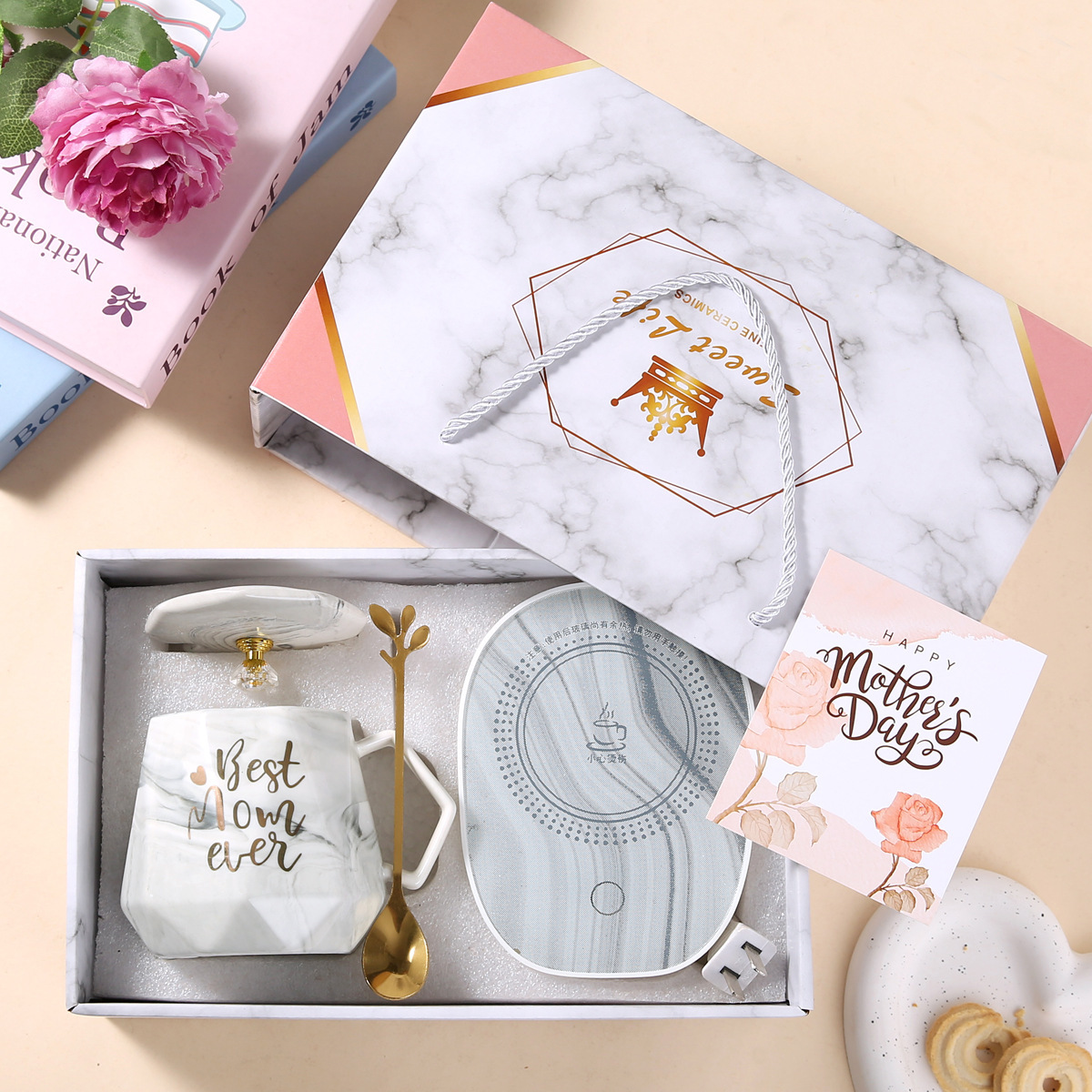 Couvercle de tasse, cuillère, dessous de verre, boîte cadeau, envoi de pierre mère grise