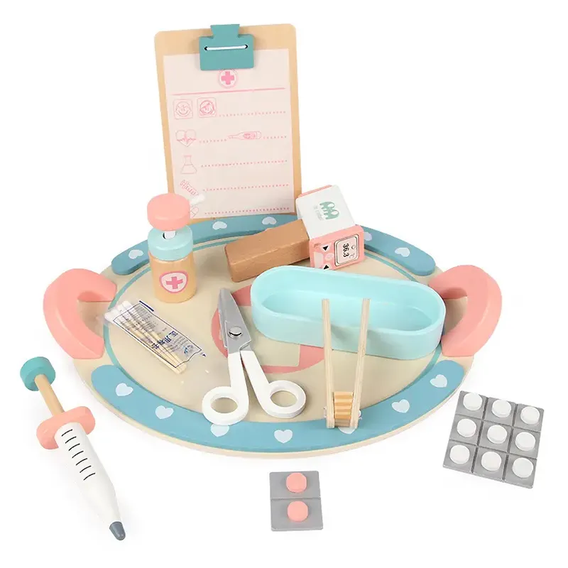 新デザイン子供看護師ドクターロールプレイおもちゃピンク木製ドクター治療プレイセット子供用おもちゃ