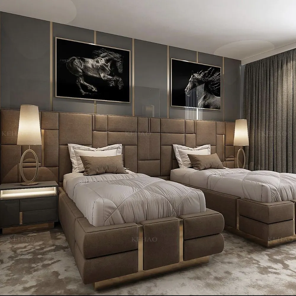 Mobiliário do hotel dois camas de luxo quarto duplo, cama moderna crianças de couro, estofos amplos, camas duplas
