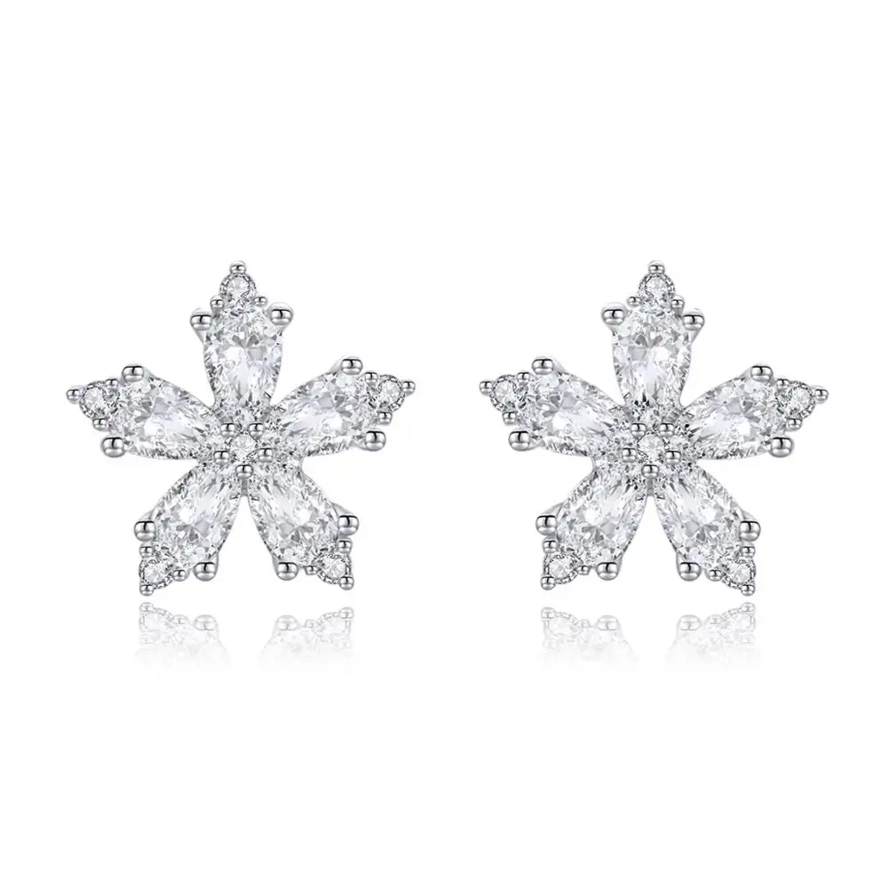 SCE486 Shinning cz crystal sterling silver clear snowflake flower shaped zircon cz stone women stud earrings