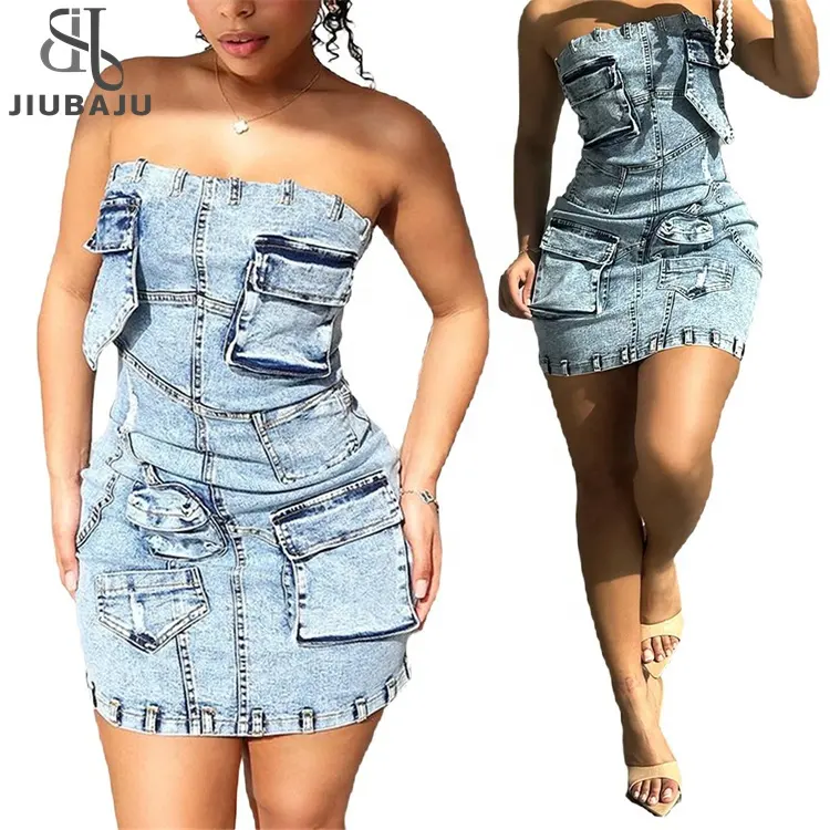 Multi Pockets Denim Short Dress Sexy Women Strapless Elegant Blue Jeans Casual Mini Dress