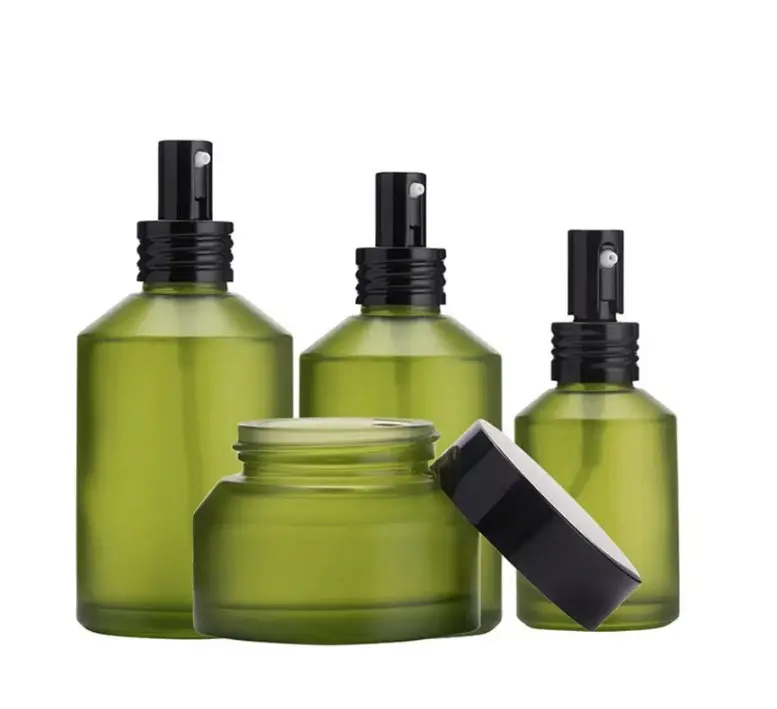 Frasco de vidro luxuoso para cosméticos, frasco de loção de 30ml 100ml com bomba para cuidados com a pele, conjunto de potes verde fosco