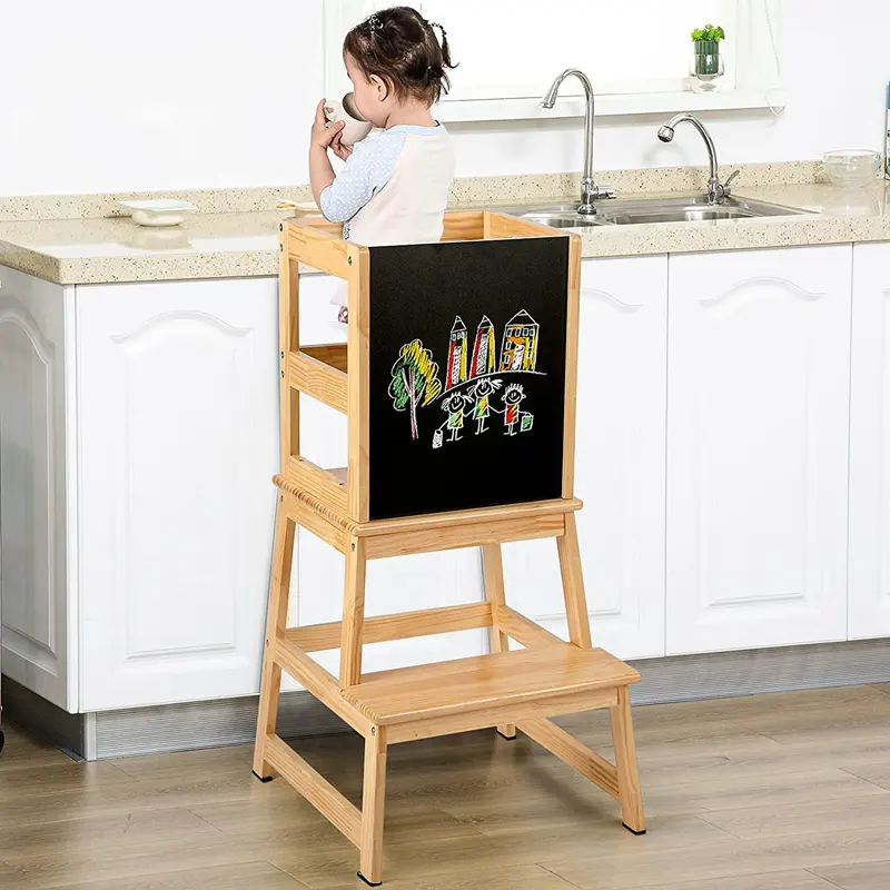Pine Wooden Kids Kitchen Helper Step Stool Helper With Removable Anti-drop Railing Safety Standing Learning Towers
