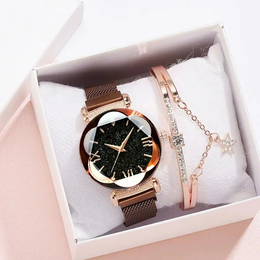 Reloj de mujer de alta moda, conjunto de regalo, reloj mecánico estrellado para mujer, mujer