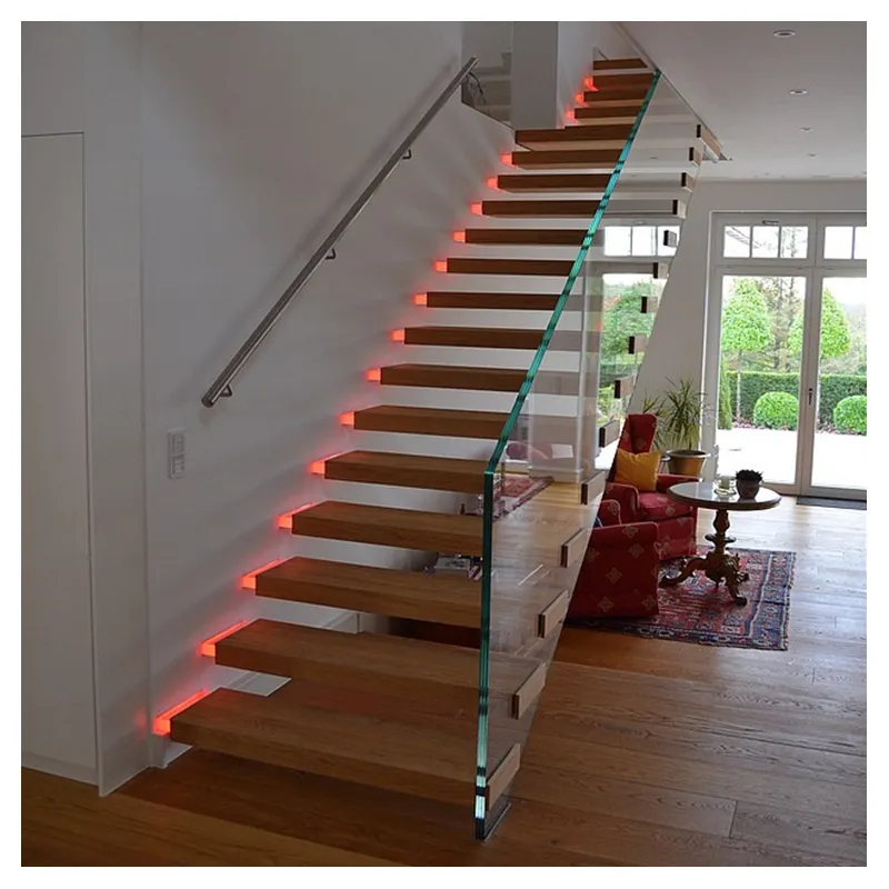 Escalera flotante de vidrio Eskalye, recta, moderna e Interior, escalera de madera maciza con luz led para escalera
