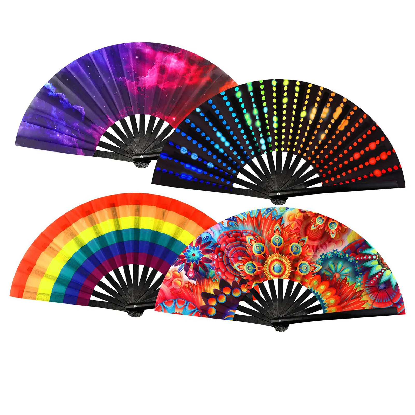 Ventilador dobrável com brilho UV de bambu personalizado de 13 polegadas e 33 cm para festival Rave Fan Passion grande ventilador gráfico