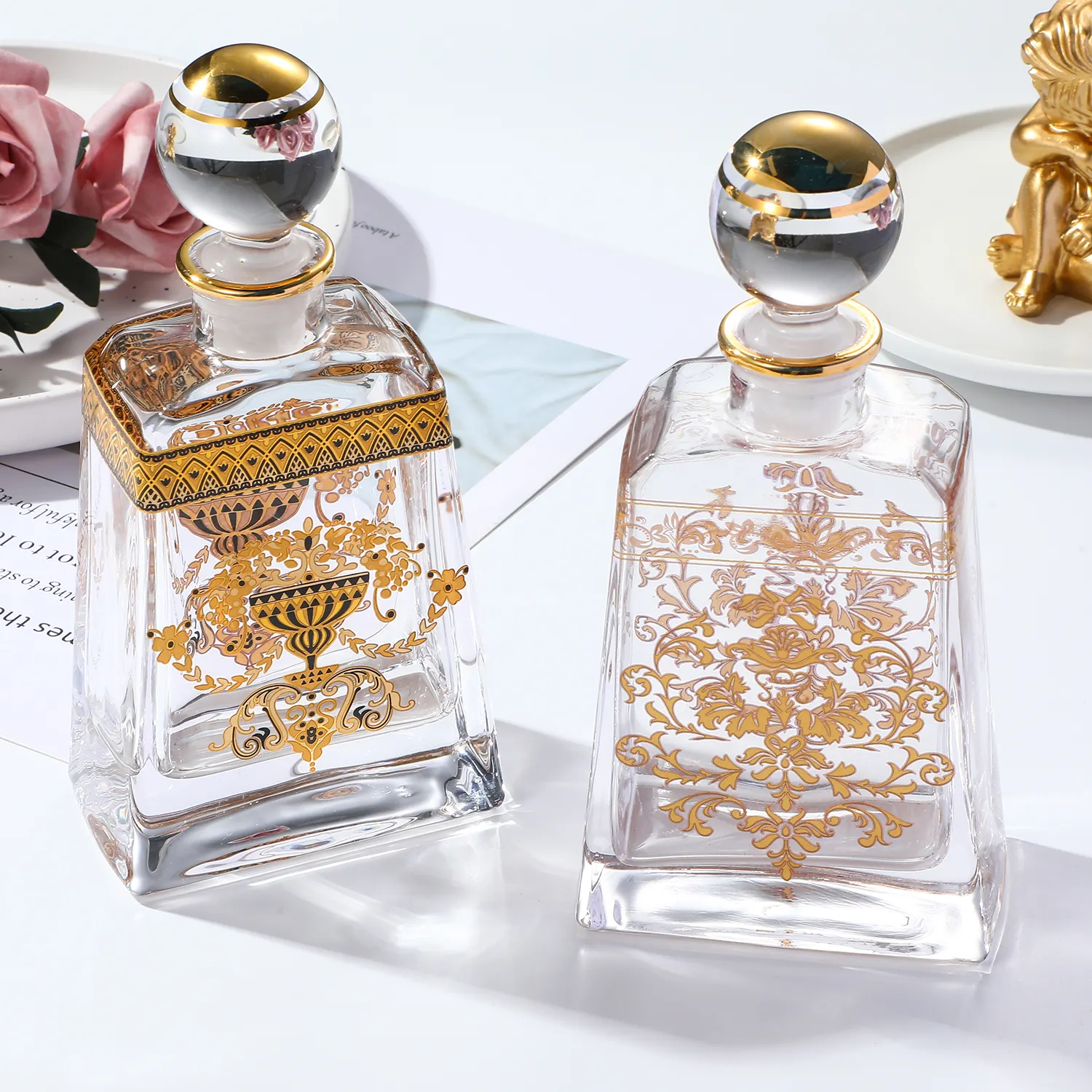 Botella de cristal vacía para perfume, frasco pintado a mano con pantalla dorada auténtica, 150ml, una por una caja