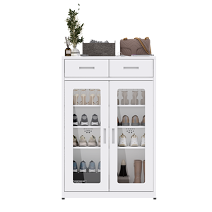 מתלה נעליים רזה לכניסה 2 דלתות זכוכית ארון נעליים מודרני ארון נעליים מודרני עם 2 מגירות שטח אחסון - Product Image 3