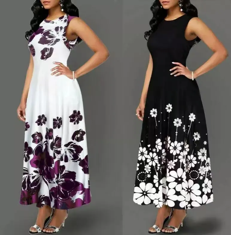 Vestido largo femenino de verano sin mangas con estampado floral, traje largo con estampado floral para mujer, cuello redondo, 2022