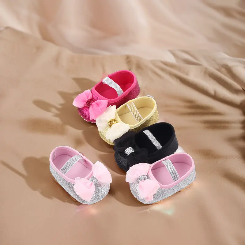 Barato brillo hermoso diseño de zapatos de bebé de niña encantadora arco niños zapatos para niños, princesa zapatos