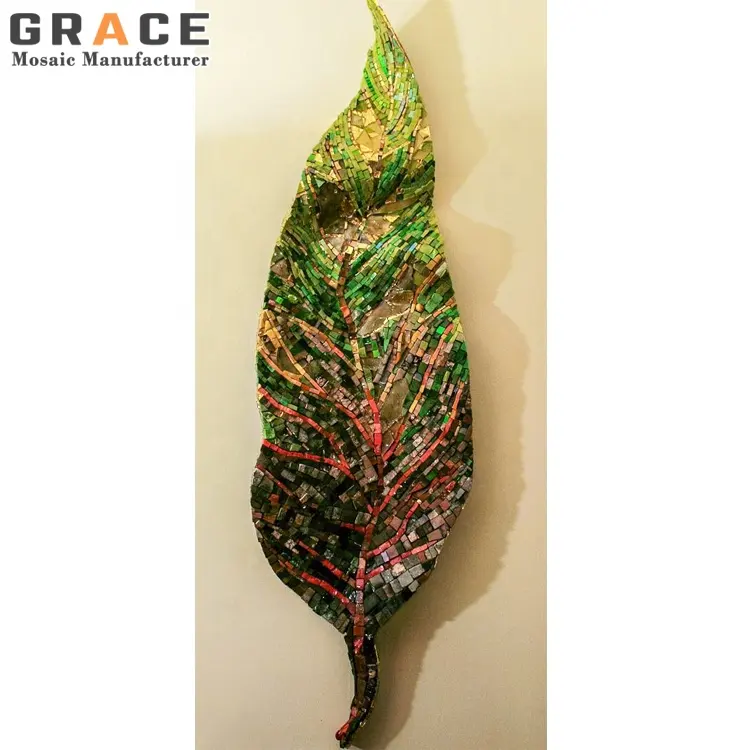 Leaf Design Glass Frit Mosaic Mural Tile 3D Artwork Wall Beautiful Paintings Living Room Hand Made Craft Art Decor Mosaic Puzzle