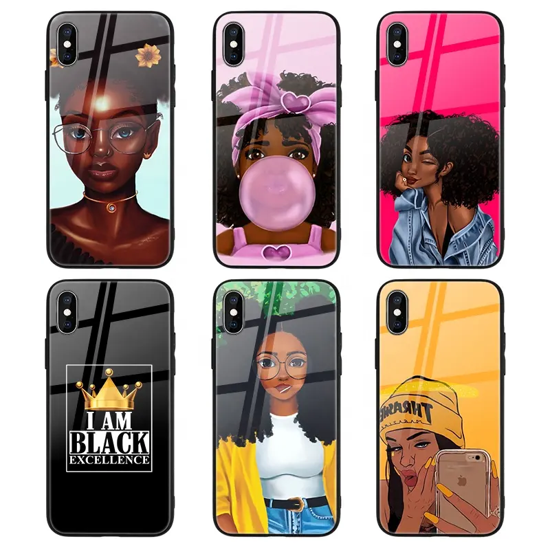 Moda Black Girl Magic UV impreso plástico TPU vidrio brillante funda de teléfono para iPhone 11 12 13 14 15 Pro funda móvil