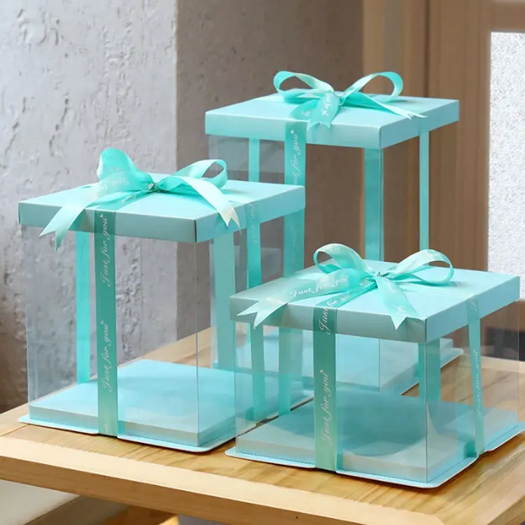 2023 toptan yüksek kalite temizle pencere uzun boylu şeffaf plastik temizle kek paketleme kutusu kare düğün pop fırın pasta kutusu