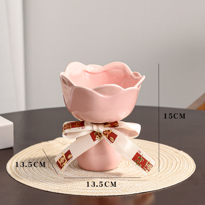 Peach pink small vase with ribbon