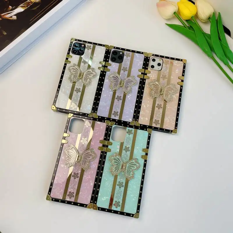 Hot bán hoa màu bướm Acrylic vuông trường hợp điện thoại cho Iphone 14 15Pro Max 13 12 11 với khung thời trang Cover quay lại