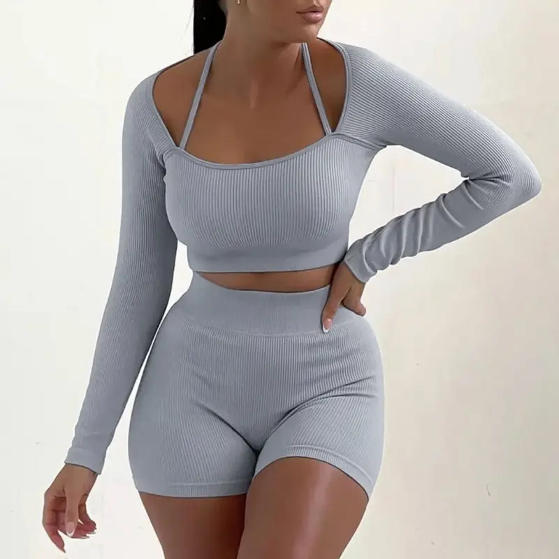 L33249-sıcak satış iki parçalı kıyafet seti düz halter uzun kollu kırpma üst ve şortlar bodycon spor 2 parça set kadın