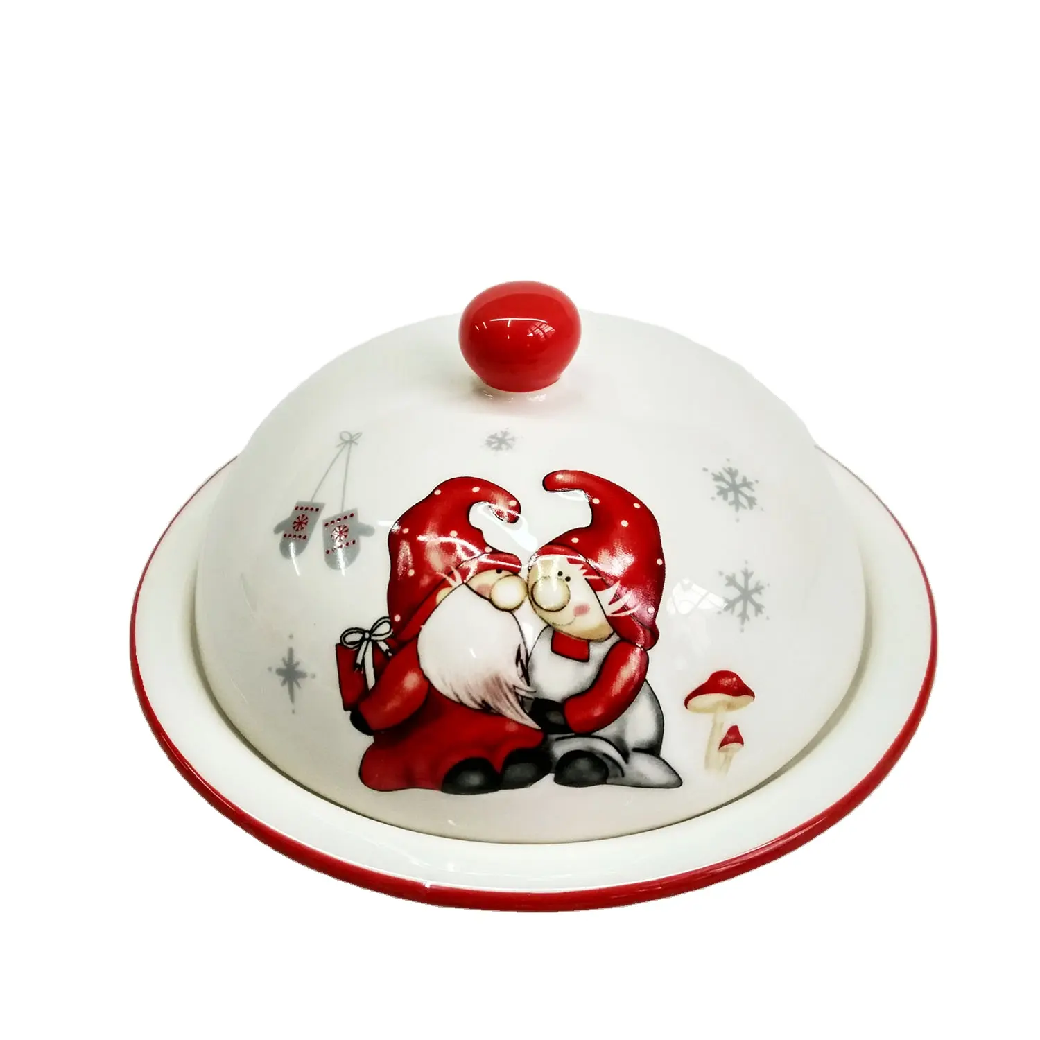 Plato redondo de cerámica con tapa para decoración navideña, diseño de gato, blanco