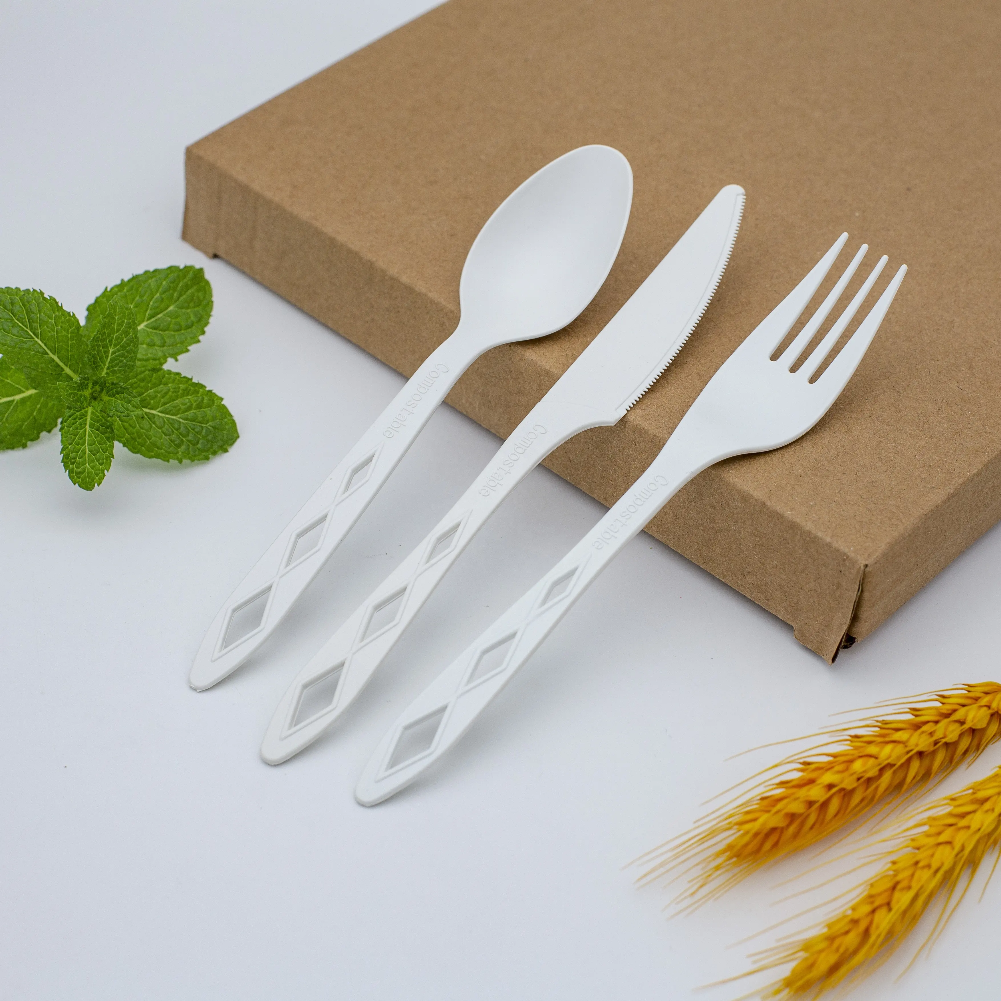 Set di posate Eco PLA compostabile al 100% all'ingrosso posate da ristorante durevoli di alta qualità