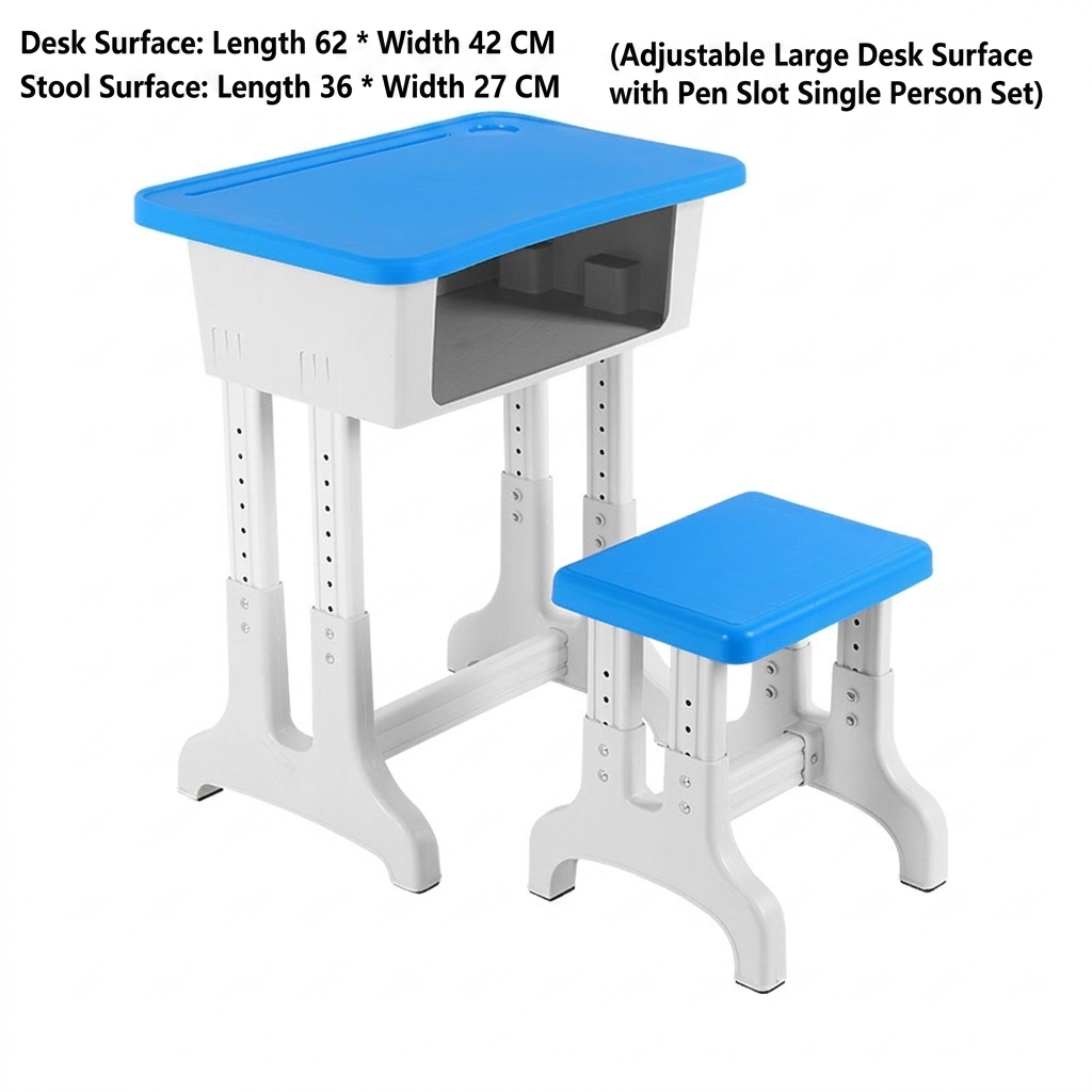 Height-adjustable single desk and stool with pen holder