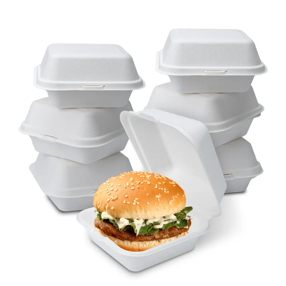 Suikerriet Bagasse Bento Lunchboxen 6Inch Hamburgerdoos Bagasse Pulp Suikerriet Bagasse Papieren Lunchdoos