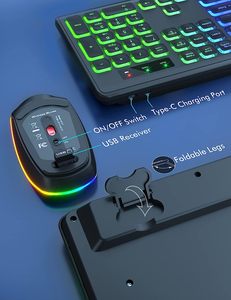 Wireless Full-Size RGB Backlit <strong>Keyboard</strong> &amp; <strong>Mouse</strong> <strong>Combo</strong> USB Connect Rechargeable Ergonomic Tilt Office Style with Sleep Mode - Product Image 6