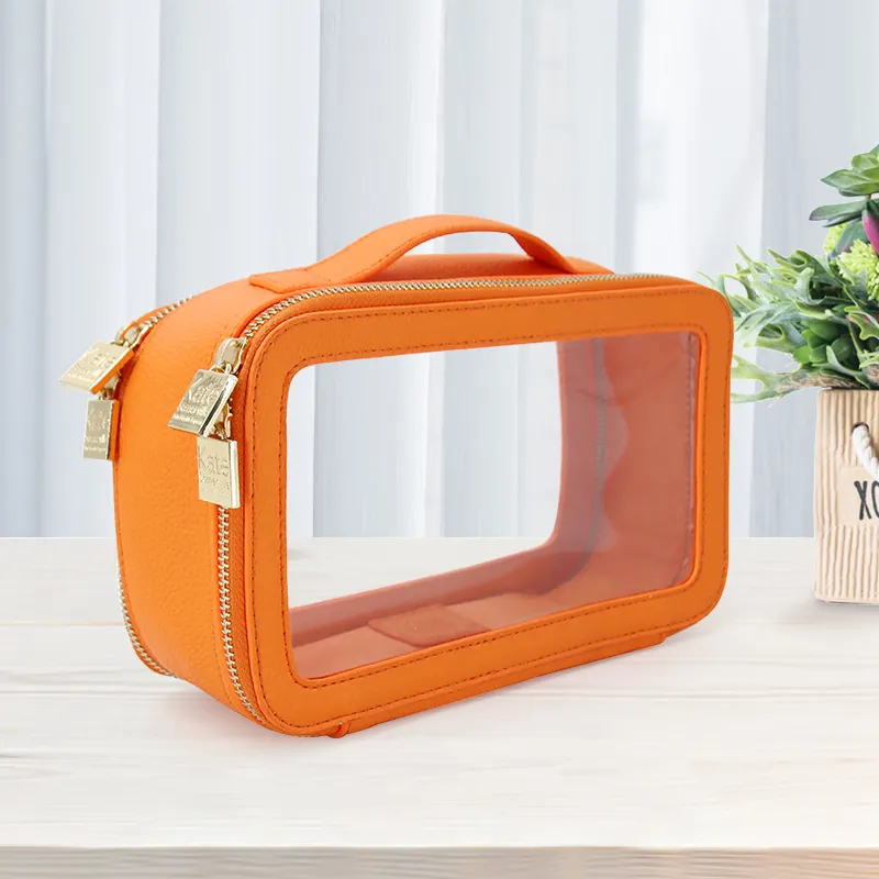 Sac de toilette en cuir PU imperméable avec étiquette privée personnalisée, petit sac de cosmétique de maquillage en PVC transparent de voyage