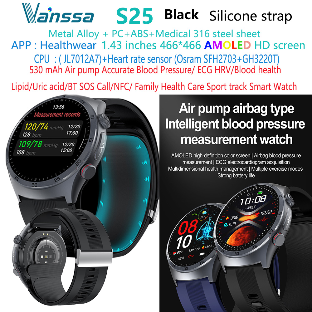 Negro S25-Tensión arterial-ECG-reloj inteligente de salud
