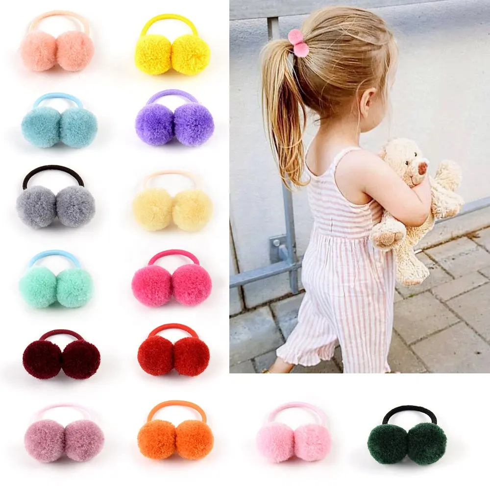 New fashion Cute Double Fluff Ball Pompom Hair ties for baby Elastic Hair Rope kids hair accessories
