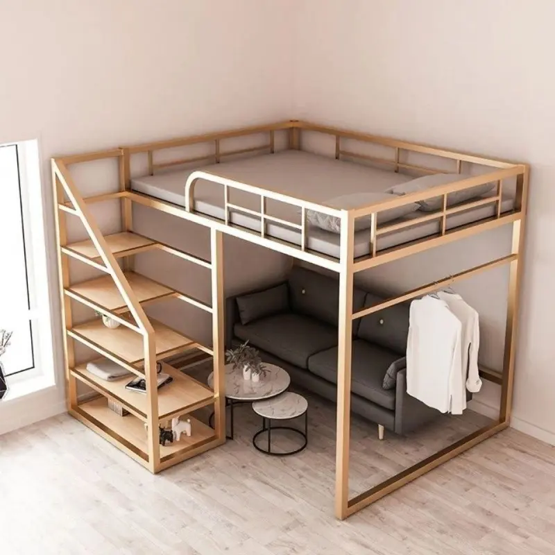 Moderno piccolo appartamento Duplex Design Multi-funzionale letto in ferro con cuccette a castello alto e basso letto a soppalco salvaspazio per camera da letto