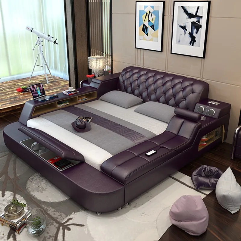 Juegos de cama de alta calidad para casas prefabricadas, Tatami de cuero auténtico moderno, tamaño King, cama de sonido multifuncional