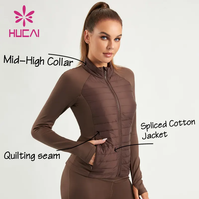 Hucai Custom Sportkleding Full Rits Up Slim Fit Quiltnaad Gesplitst Katoen Warm Workout Gym Top Yoga Jack Voor Dames