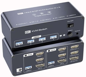 Conmutador KVM DP 2x3 8K Triple Monitor DP HDMI Monitor extendido Conmutador KVM USB 2 en 3 salidas para 2 computadoras que comparten 3 monitores - Product Image 1